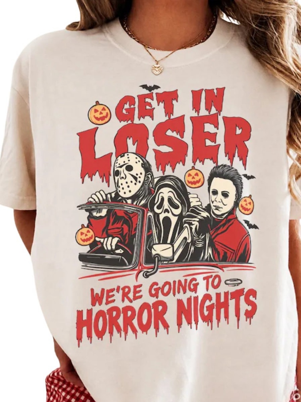 White Short Sleeve Tee with Red Horror Graphics